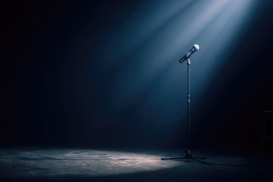 Minimalist microphone on stage with gentle haze dramatic lighting empty performance space anticipation spotlight dark background moody atmosphere concert event silence