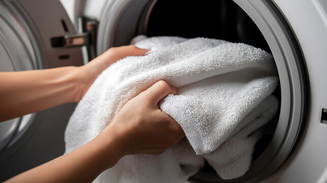 Close up of hands loading towel into modern washing machine for laundry day, Laundry routine at home, Household routine concept
