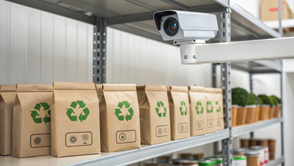 Recycled packaging shelf monitored by automation camera highlights global supply chain