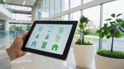 Global supply chain automation and sustainability concept with digital tablet in modern office