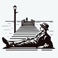 image of a man lying on the pier with a simple and minimalist flat design using a white background