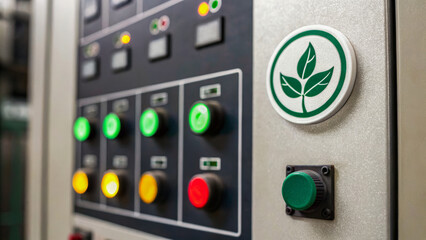 Global supply chain automation sustainability concept with green button and eco symbol panel