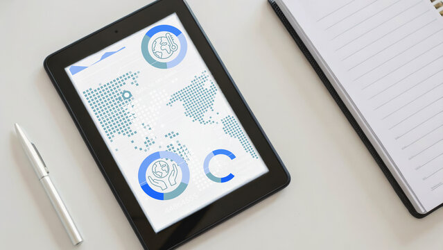 Global supply chain automation sustainability concept on digital tablet with world map