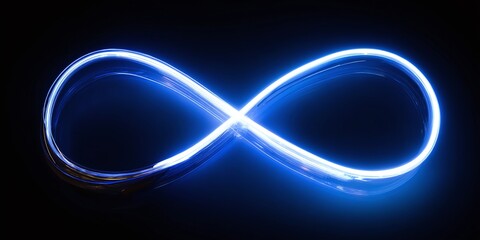 A vibrant neon blue infinity symbol glows brightly against a stark black background, symbolizing limitless potential and eternal concepts. Abstract, modern art.