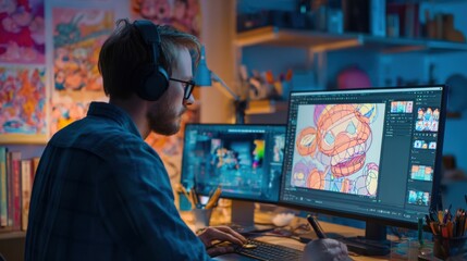In a modern animation studio, a digital artist and a programmer work at a computer. The room is softly lit with LED lighting and colorful concept drawings on the wall. 