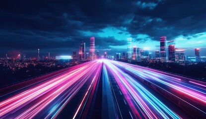 Night city highway with vibrant light streaks