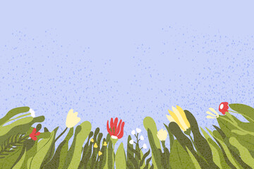 Spring summer meadow onder the clear sky, greens and flowers, flat vector illustration