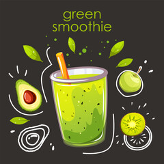 Green smoothie. Detox drink with kiwi, avocado, apple. Vector illustration.