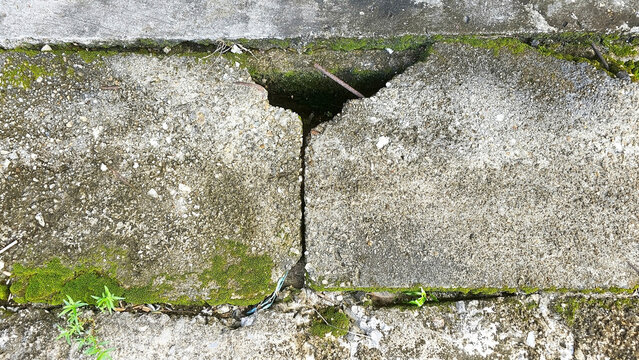 Fototapeta Broken Concrete: A close-up shot showcases a damaged Concrete Drainage surface, revealing a significant crack and weathered texture, which tells a silent story of time and elements.