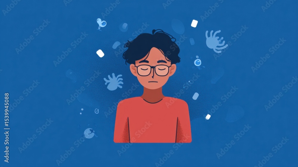Poster nervous icons surround a transparent figure depicting a sense of anxiety and introspection in a calm