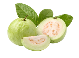 Fresh guava fruit whole and sliced with green leaves tropical fruit healthy eating on white background