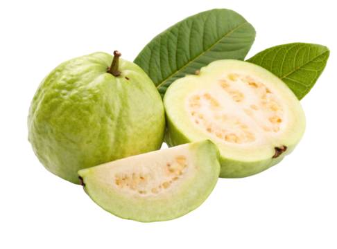 Fresh guava fruit whole and sliced with green leaves for healthy eating and vitamin c boost diet plan