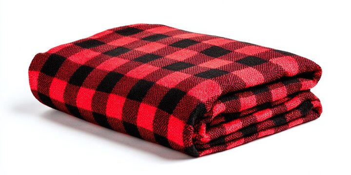 Folded red and black checkered blanket on a white background with soft shadows. Great for warmth and style.
