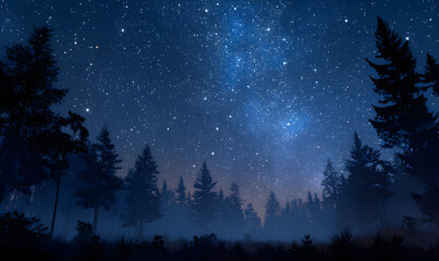 Naklejka premium Peaceful starry night sky filled with countless sparkling stars and silhouetted trees serene and mystical natural landscape for relaxation and inspiration. generative ai