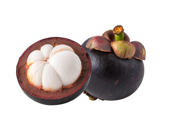 Fresh mangosteen fruit whole and cut isolated on white background healthy exotic fruit nutrition diet food