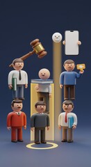 3D Render of Business Selection Process  with Gavel, Smartphone, and Snowman