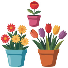 Flower bouquets in pots set vector isolated white background
