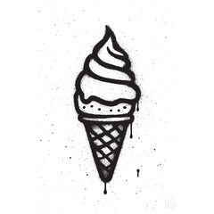Black and White Graffiti Ice Cream Cone with Spray Paint Drips.