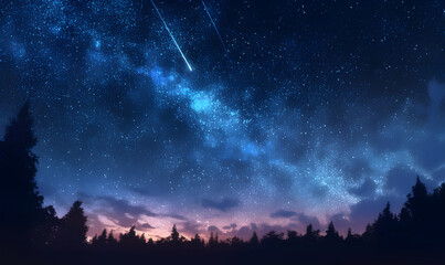 Stunning night sky filled with sparkling stars and a radiant shooting star streaking across serene cosmic landscape magical celestial moment. generative ai