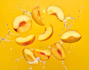 Fresh peach slices splash into clear water against a vibrant yellow background in a bright energetic summer scene full of motion and refreshment.