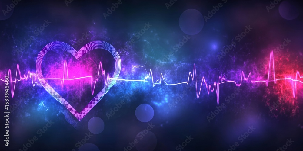 Poster glowing heartbeat graphic against a sci-fi background with neon colors and dynamic bokeh effects
