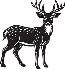 Naklejka premium Black and White Illustration of a Spotted Deer with Large Antlers Standing Profile View