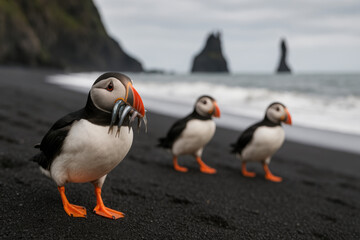 Obraz premium A Peaceful Puffin Walk Along the Jet-Black Sands of Reynisfjara Beach, Iceland’s Stunning and Rugged Coastal Habitat