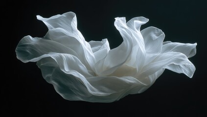 Fototapeta premium Draped white fabric, flowing dynamically against a dark background, illuminated to highlight its texture and folds