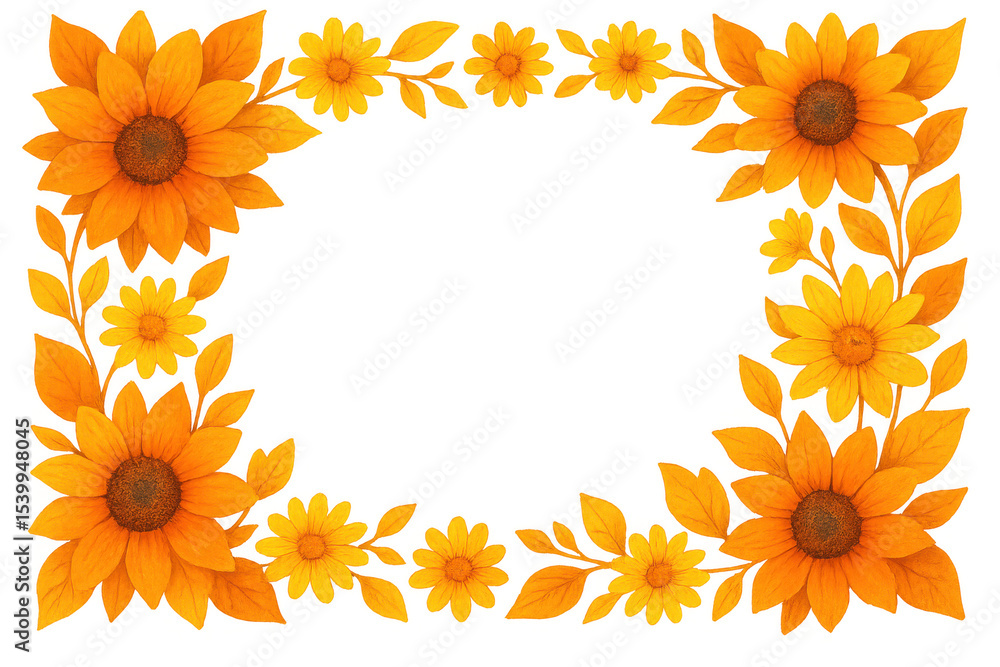 Poster sunflowers and daisies form a rectangular frame with transparent background, perfect for adding a to