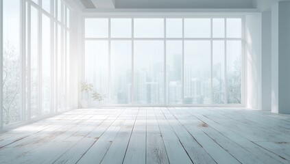Sunlit empty room with whitewashed wood floor and expansive windows showcasing a blurred cityscape