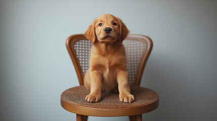 Adorable Golden Retriever Puppy Perched Gracefully at a Bistro Table Indoors