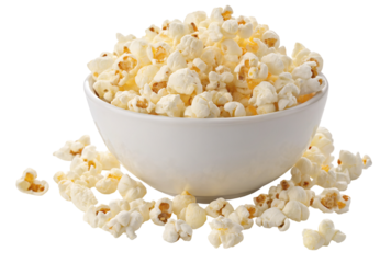 Stock photo of fresh popcorn in a bowl on white background for movie night or snack time and party food idea