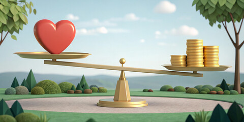 Balance between wealth and health concept, a 3D rendering with a stack of coins and a heart on a scale, symbolizing lifestyle, finance, and wellness