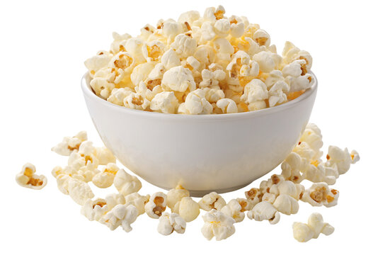 Stock photo of fresh popcorn in a bowl on white background for movie night or snack time and party food idea