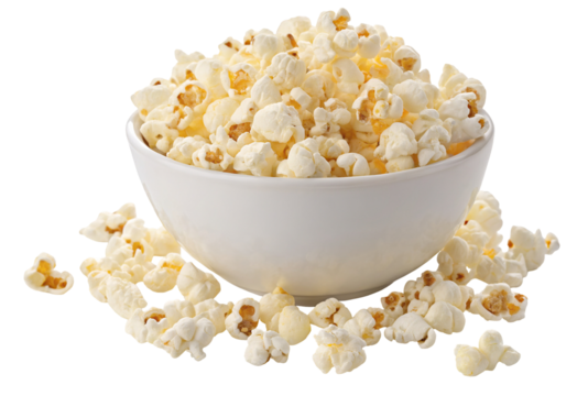 Stock photo of fresh popcorn in a bowl on white background for movie night or snack time and party food idea