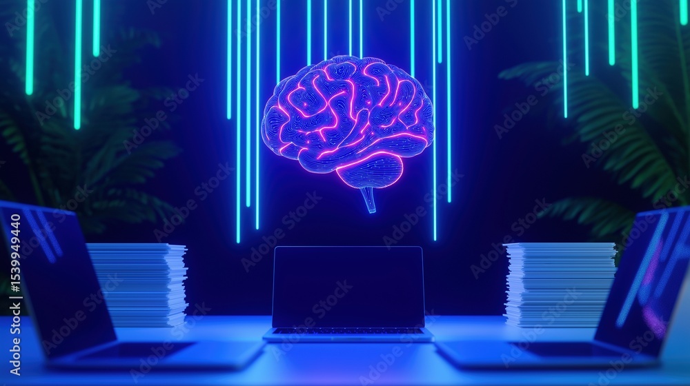 Poster glowing virtual brain in corporate environment image render 3d. e business technology development st
