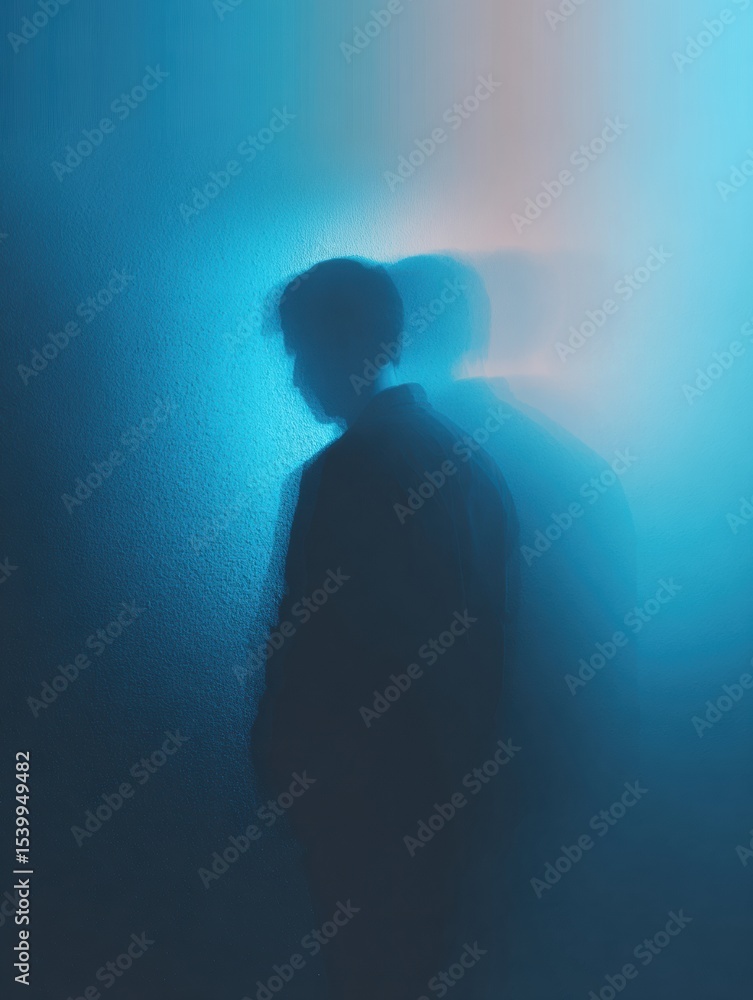 Poster Shadowy Figure Merging With a Blue Background Creates a Sense of Mystery and Depth in a Surreal Atmosphere During Dusk