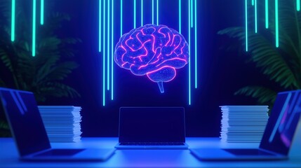 Glowing virtual brain in corporate environment image render 3d. E business technology development strategy background realistic graphic. Conceptual idea, visual storytelling