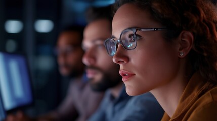 Caucasian woman with glasses and diverse colleagues banner image. Multiethnic software developers photo-realistic background blurred. IT company concept photography copy space