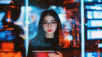 Asian female engineer checking code image with digital overlay. Korean woman web developer in office photography conceptual composite. Computing technology concept photo realistic