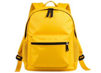 Front-Facing Yellow Backpack with Zippers and Side Pockets, Transparent Background