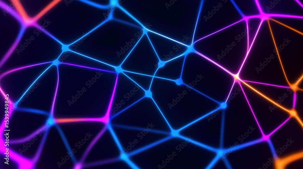 Poster neon glowing virtual data network image render 3d. colorful nodes connected with lines. digital tech