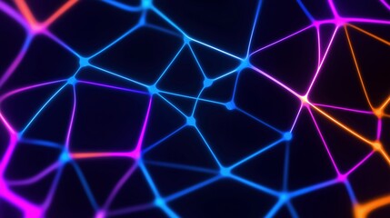 Neon glowing virtual data network image render 3d. Colorful nodes connected with lines. Digital technology background realistic graphic. Conceptual idea, visual storytelling