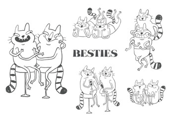 Funny bestie line art, friendship sarcastic characters, hand drawn sketch style, minimalist whimsical doodles
