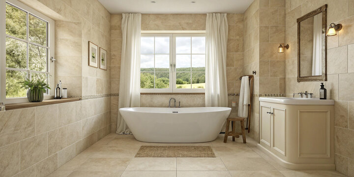 A beige bathroom interior with a tub, a luxurious and serene space for relaxation and self-care