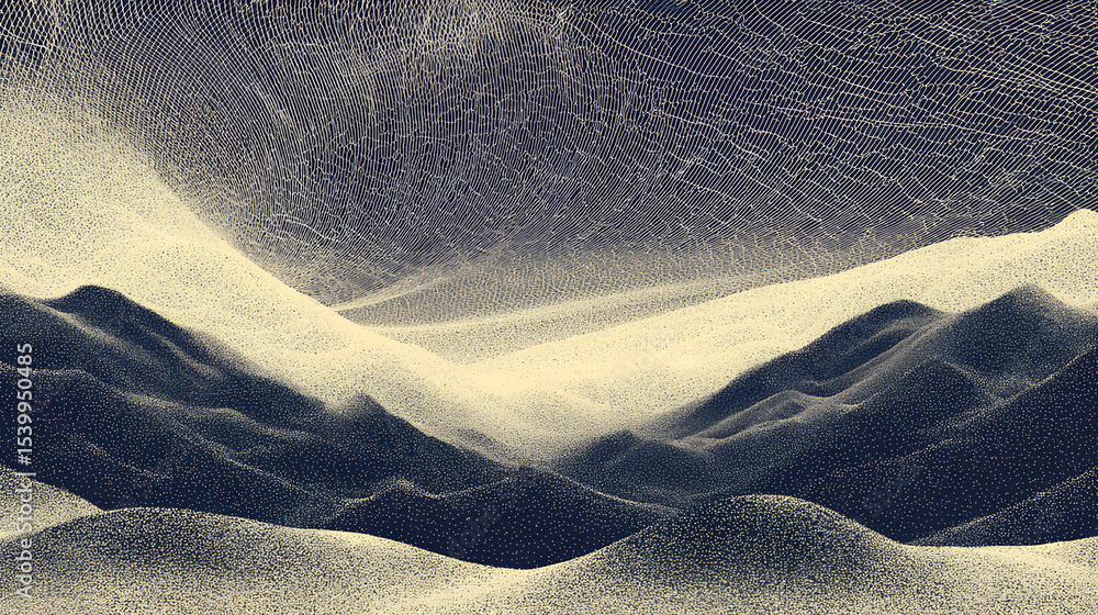 Poster gritty stippled pattern with abstract undulating rocky mountain background. grainy overlayed monochr