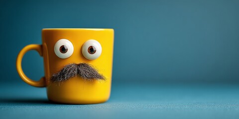 Whimsical yellow mug with googly eyes and a mustache, a playful and humorous design. A fun kitchen accessory on a blue background.