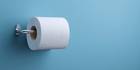 Obraz premium Elevated view of a fresh roll of white perforated paper on a chrome holder set against a blue wall, capturing a clean and functional restroom aesthetic.