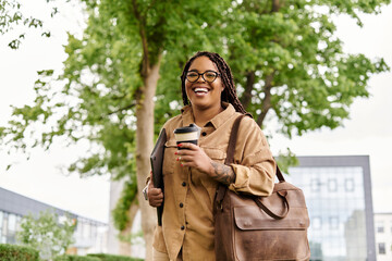 University teacher inspires students while enjoying a sunny day on campus with coffee in hand