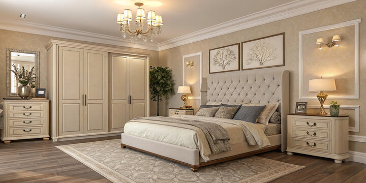 A beige home bedroom interior with a bed, closet, and decorations, a cozy and serene space for rest and relaxation